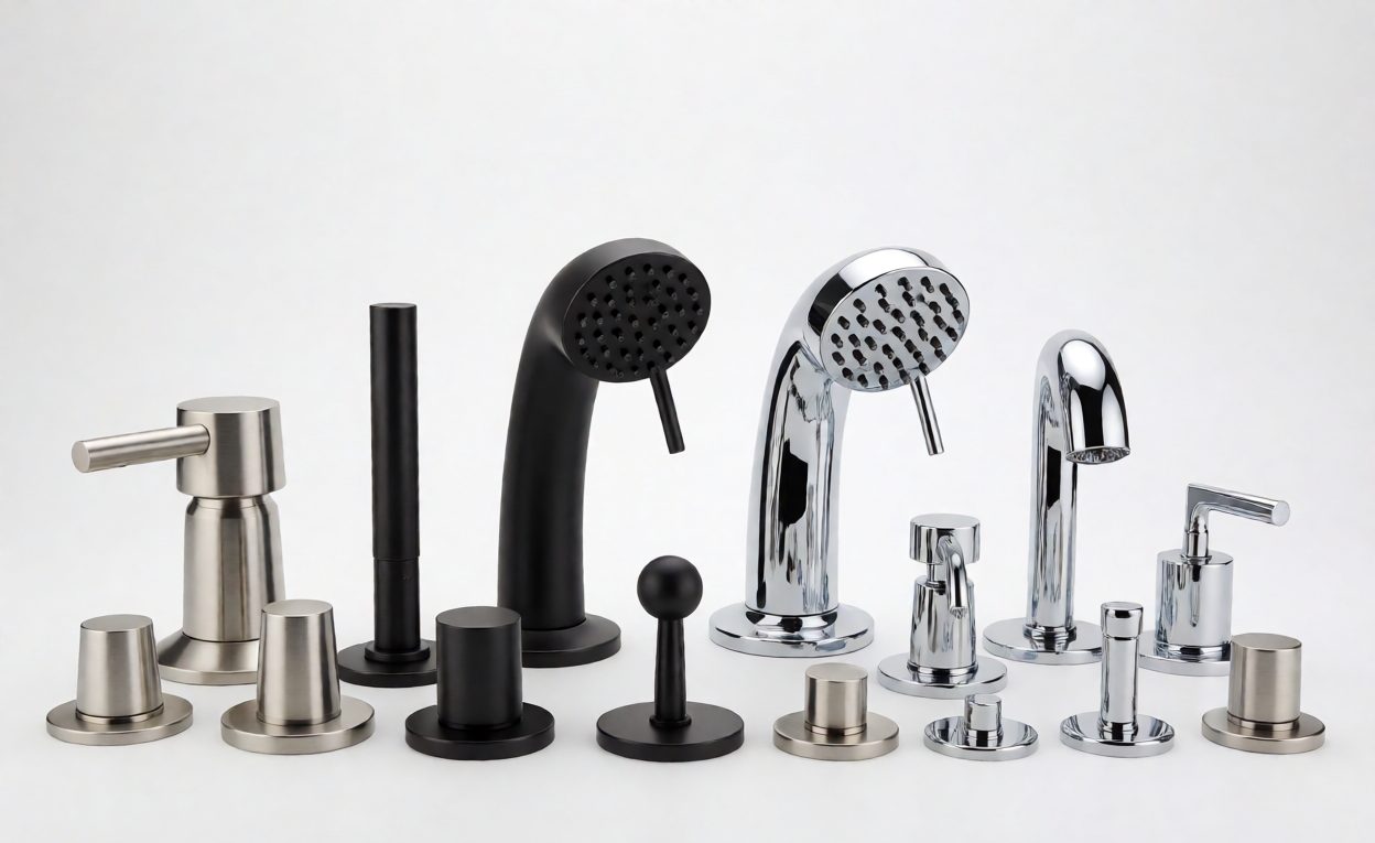 Row of shower hardware products in different finishes on a white background