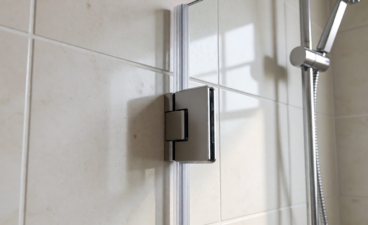 Wall Mount Hinge Fixed To A Tiled Wall Wall mount shower hinge fixed to a tiled wall supporting a frameless glass door
