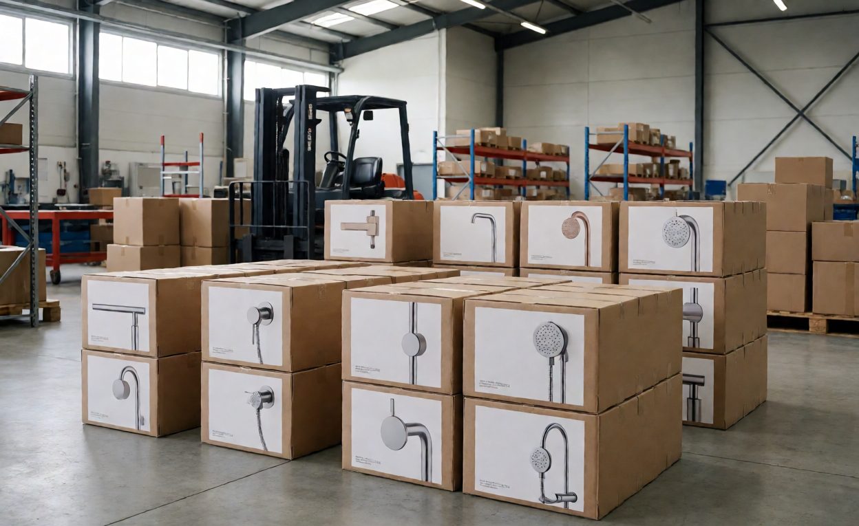 Finished Cartons Awaiting Dispatch Shower hardware cartons staged in a factory dispatch area awaiting collection