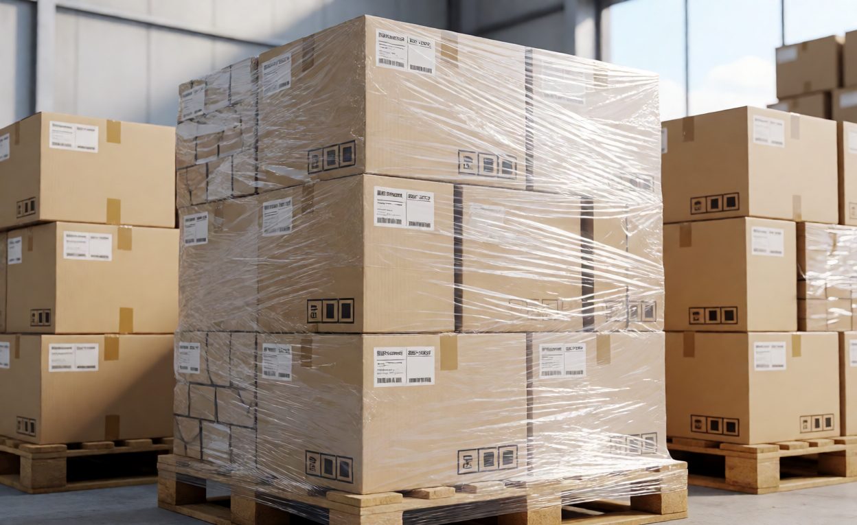 Palletised Export Cartons Pallet of sealed export cartons wrapped and labelled in a warehouse