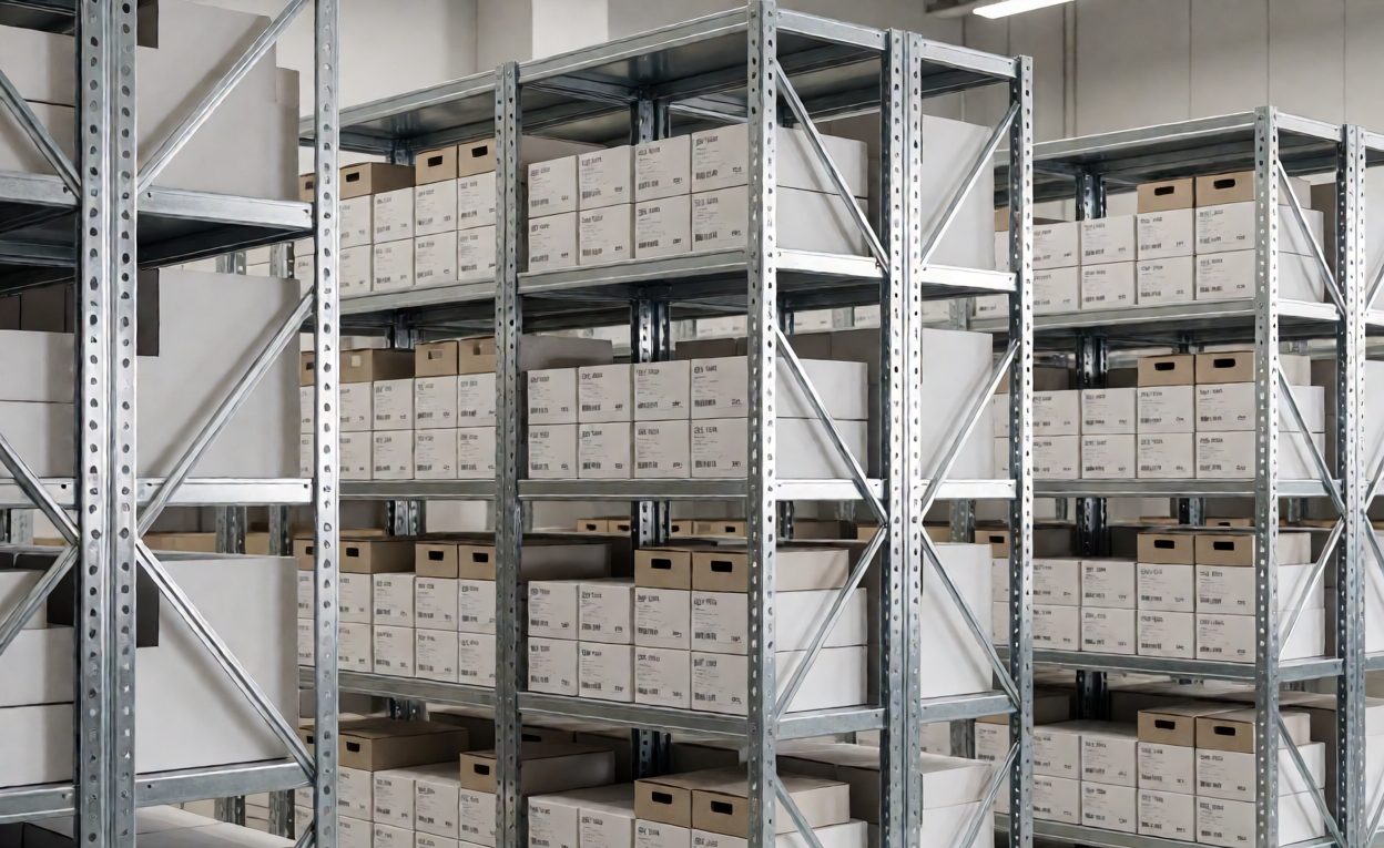 Wholesale Stock Organised By Sku Warehouse shelving with cartons of shower hardware stock organised by SKU