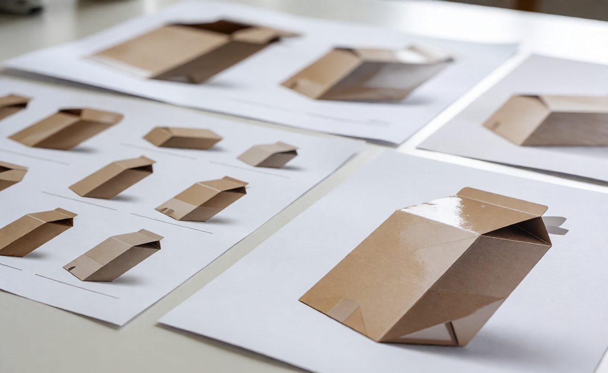 Packaging Artwork Proof And Printed Sample Packaging artwork proof sheets and a printed carton sample on a desk