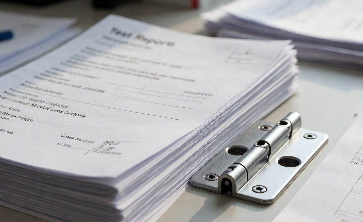 Stack of test reports and material certificates beside a shower hinge