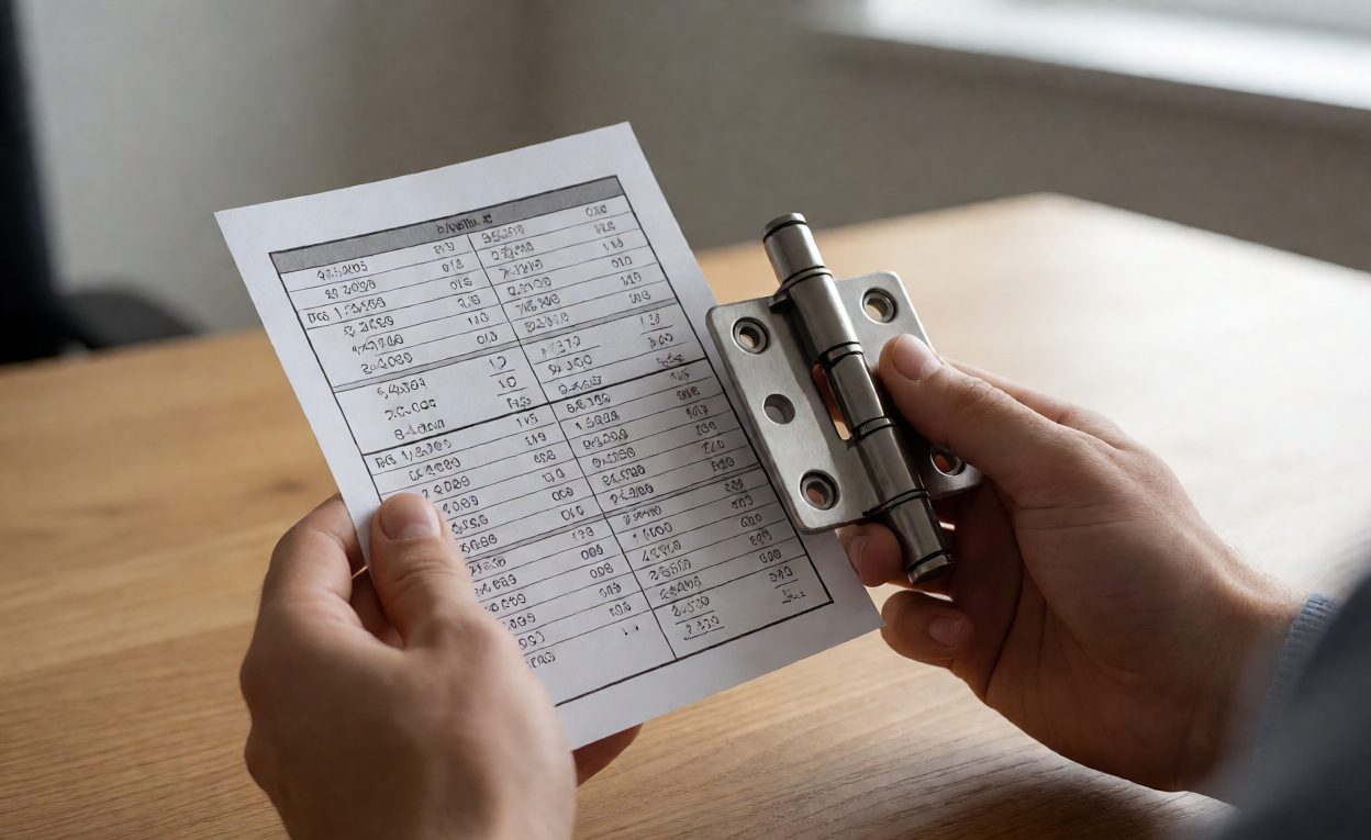 Checking A Part Against A Cross-Reference Chart Hands holding a shower hinge and a printed cross-reference chart
