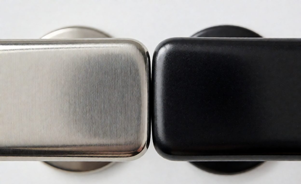 Comparing Hardware Finish Samples Two shower hardware finishes compared side by side under lighting