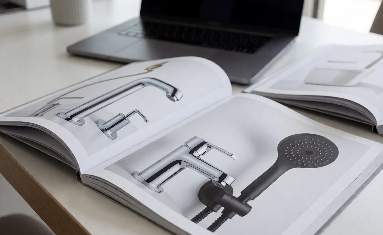 Product Catalogue And Digital Assets On A Desk Printed product catalogue and laptop showing bathroom hardware photography on a desk