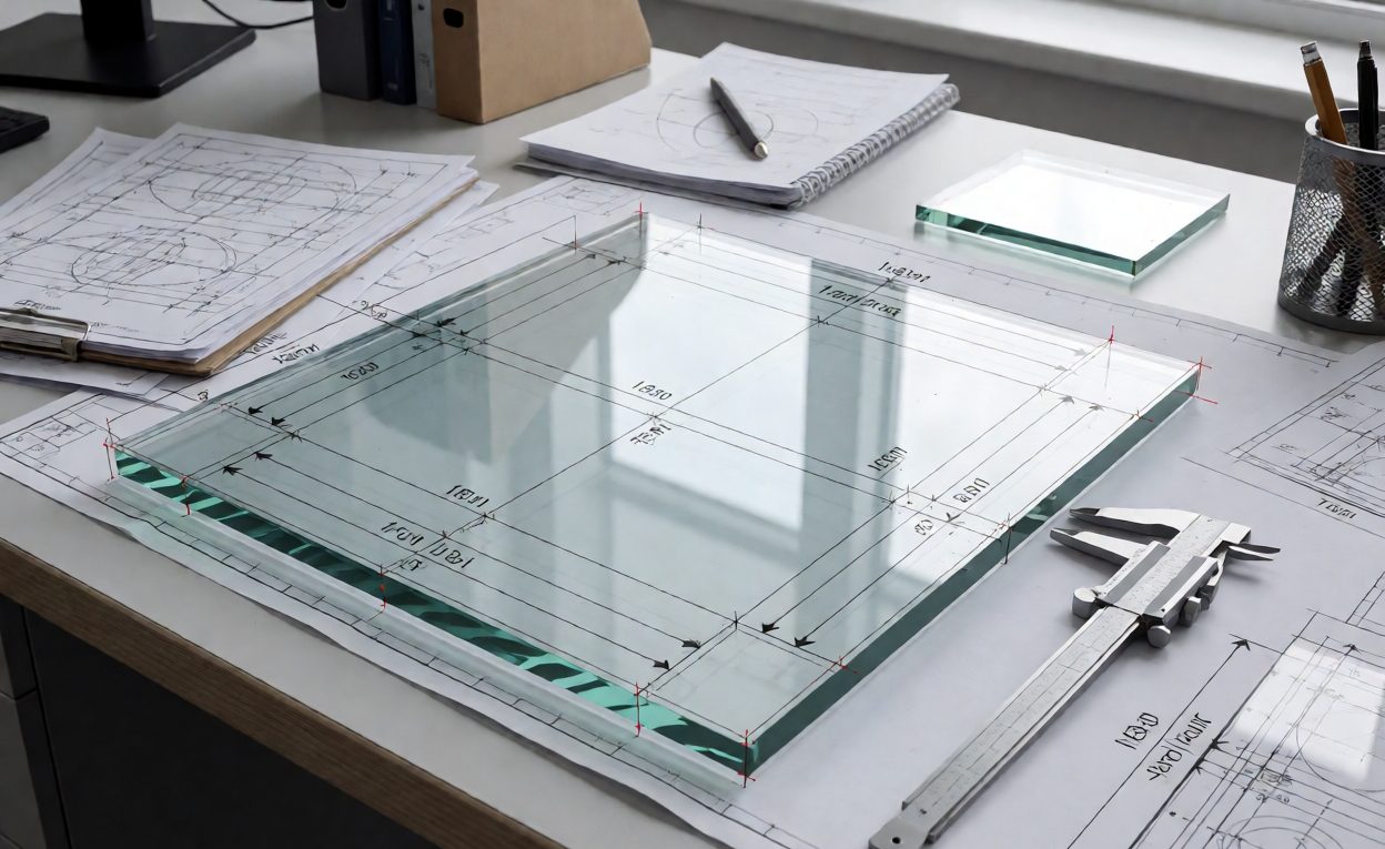 Glass Panel Drawing With Hole Dimensions Technical drawing of a glass panel with hole positions beside a caliper