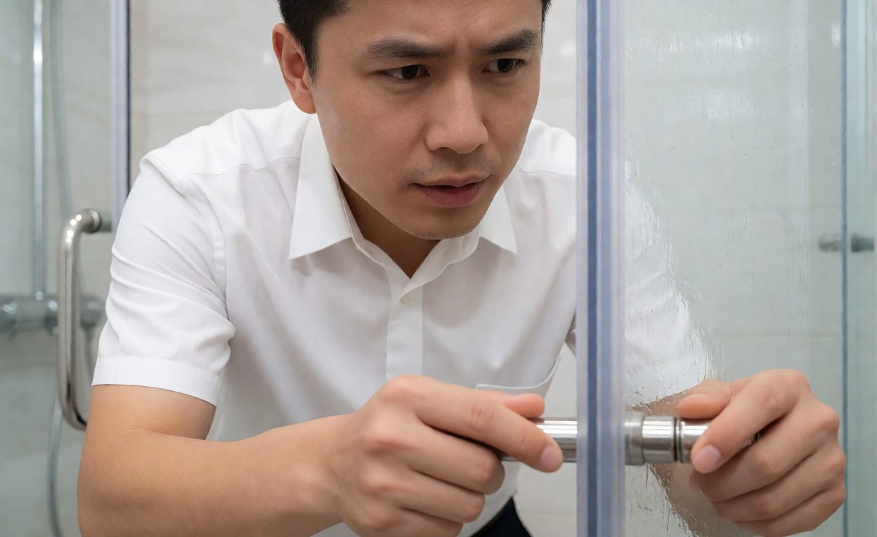 Inspector holding a shower door handle under bright light checking finish quality