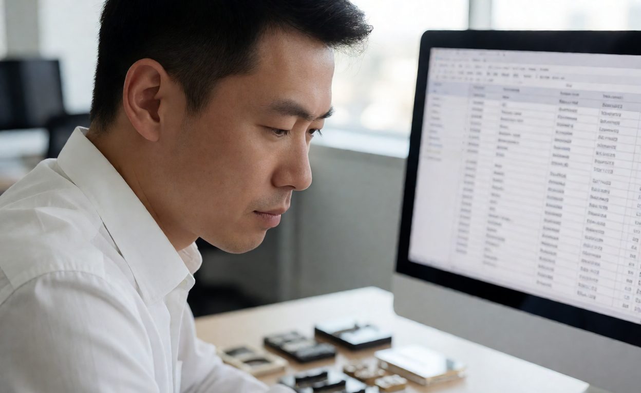 Technician exporting a product data spreadsheet beside hardware samples