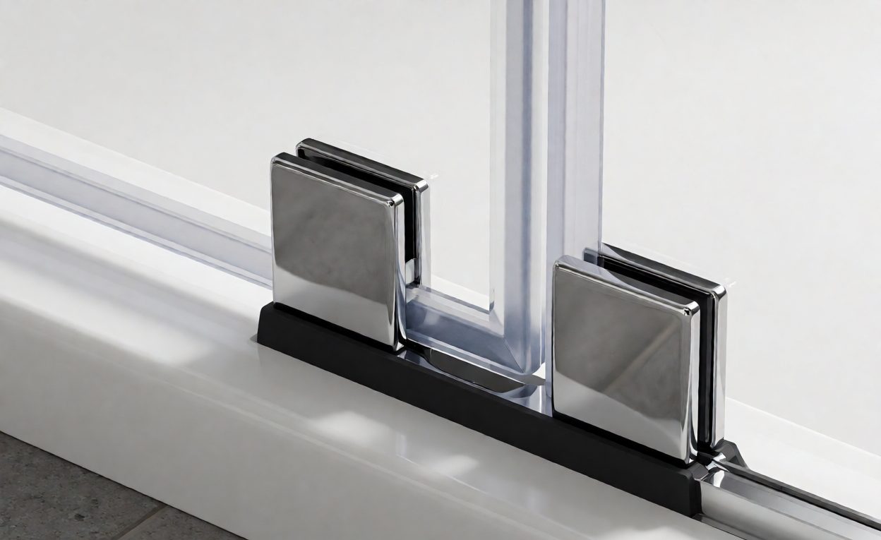 Pivot Hinge Assembly At A Shower Door Base Pivot shower hinge assembly at the bottom of a glass door with a floor plate