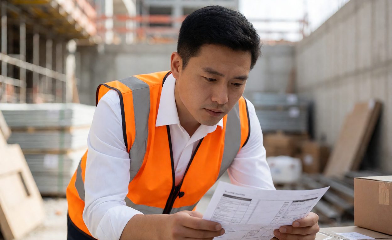 Checking A Hardware Delivery On Site Site supervisor checking delivered hardware cartons against a delivery note