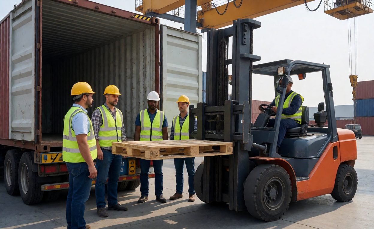 Pallet Loading Into A Container Forklift placing a pallet into a shipping container with a loading crew