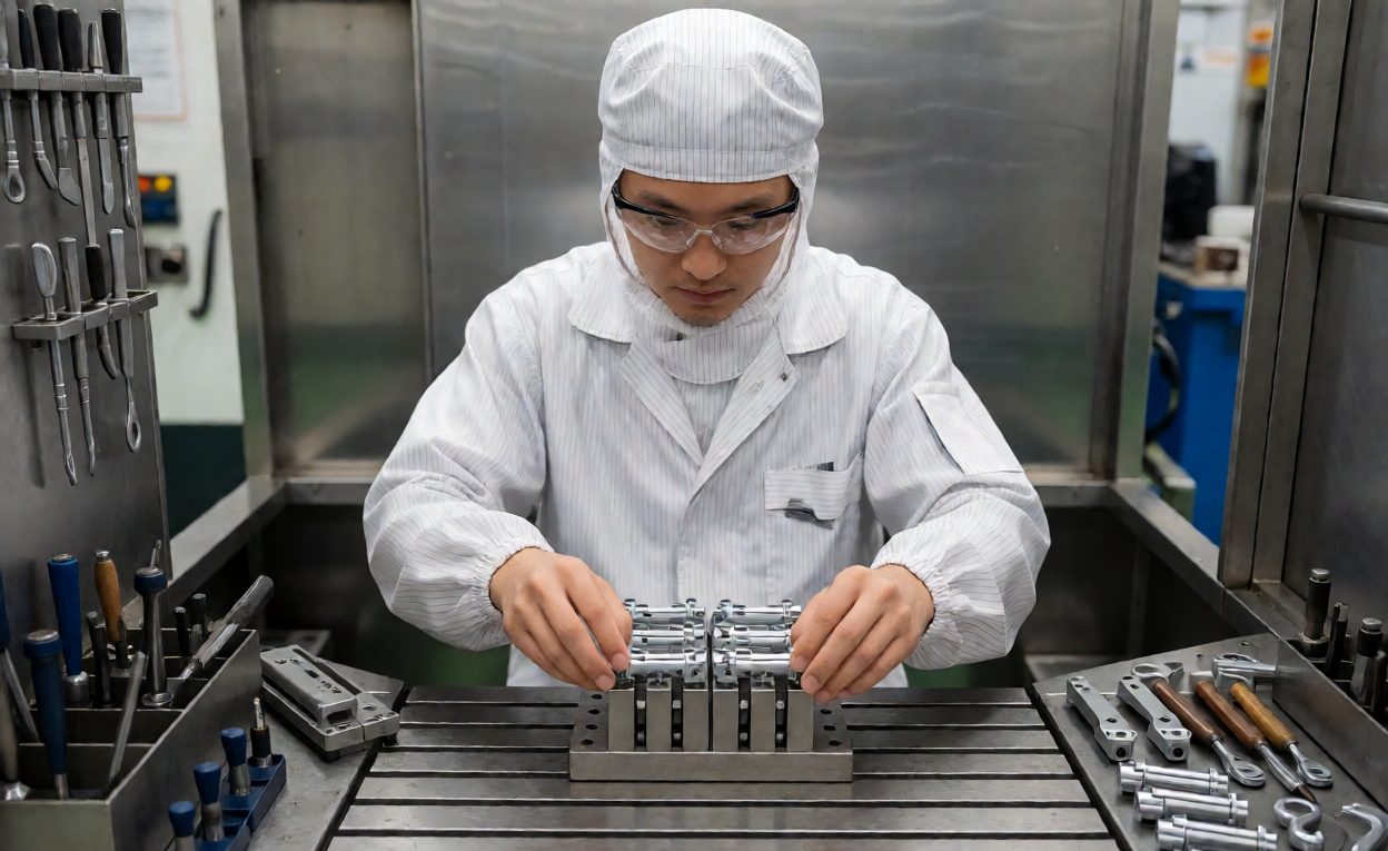 Production Setup For A Hinge Batch Production worker setting up machining for a batch of shower hinges