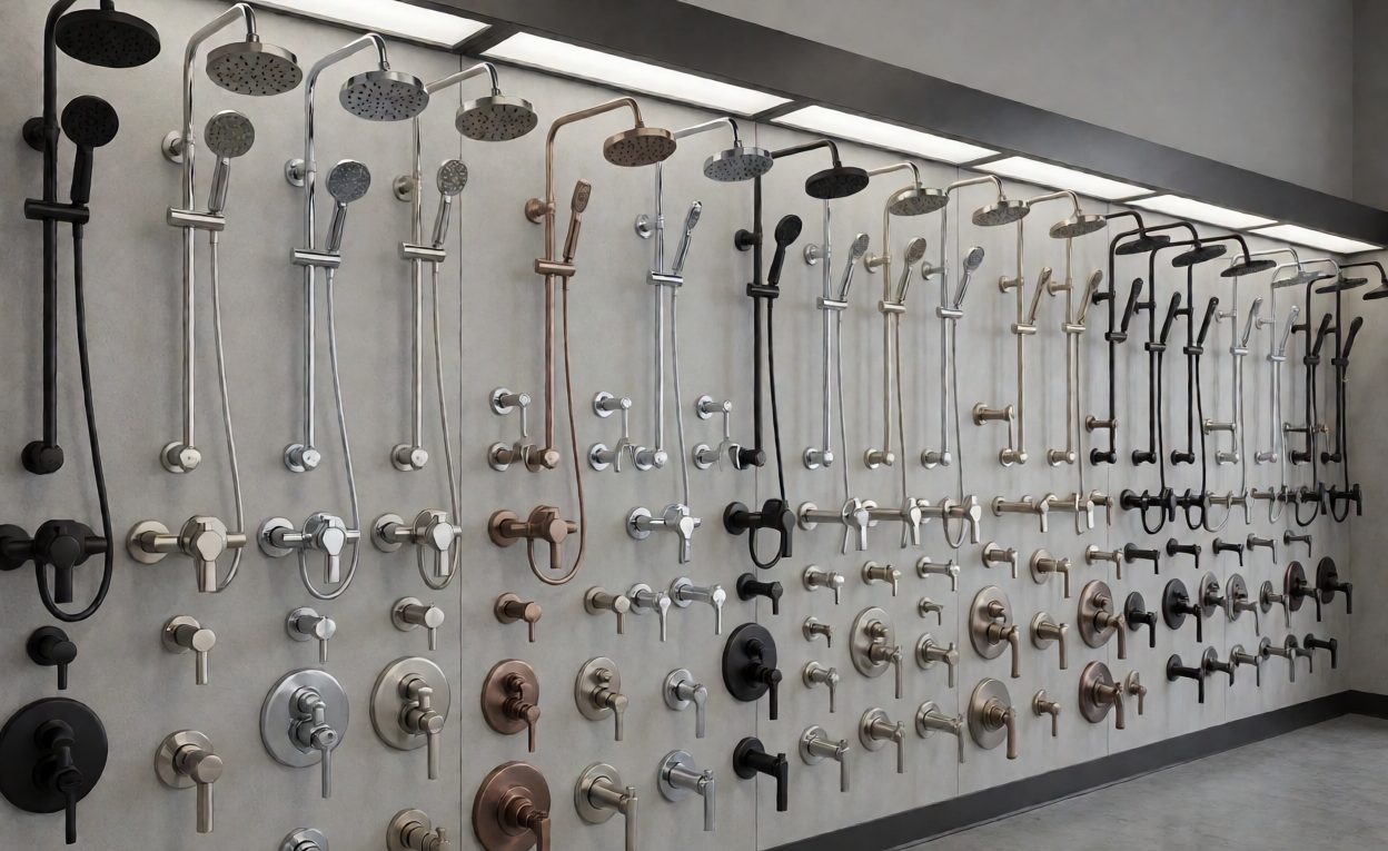Finish Range Displayed In A Showroom Showroom wall displaying shower hardware in multiple finishes