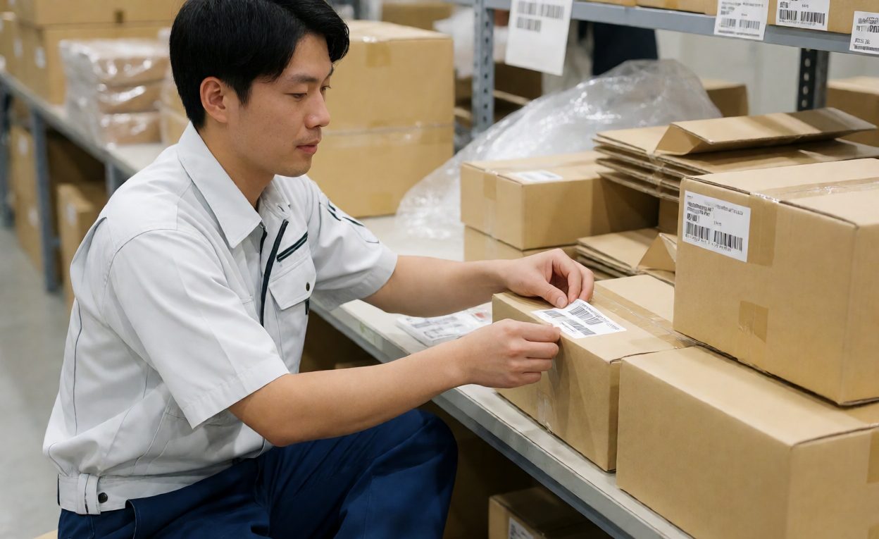 Applying Barcode Labels In Packing Warehouse worker applying barcode labels to cartons at a packing bench