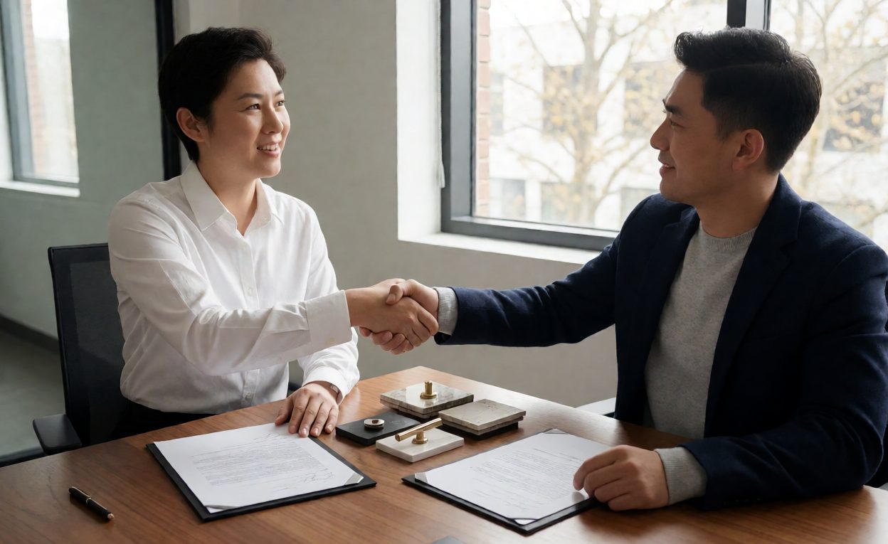Two business people shaking hands over a signed contract with hardware samples
