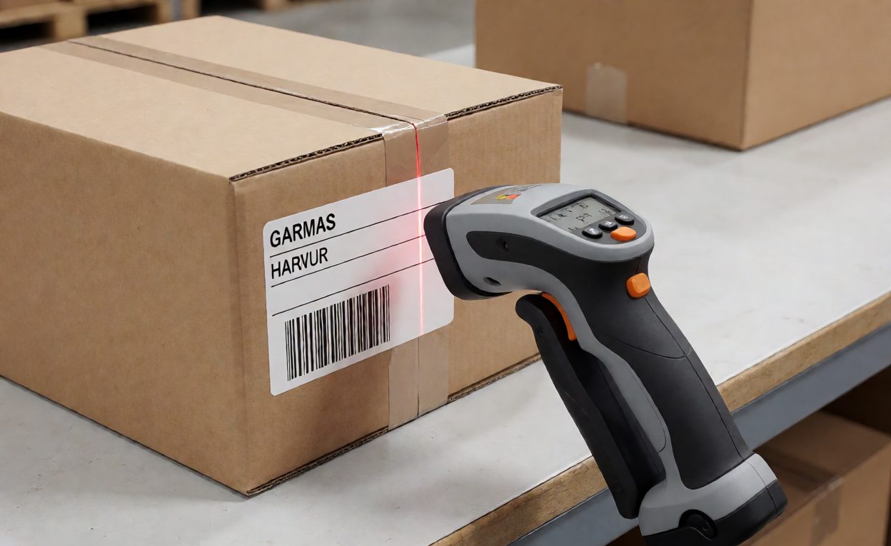 Scanning A Part Barcode At The Picking Bench Parts picking bench with a scanner reading a barcode on a hardware carton