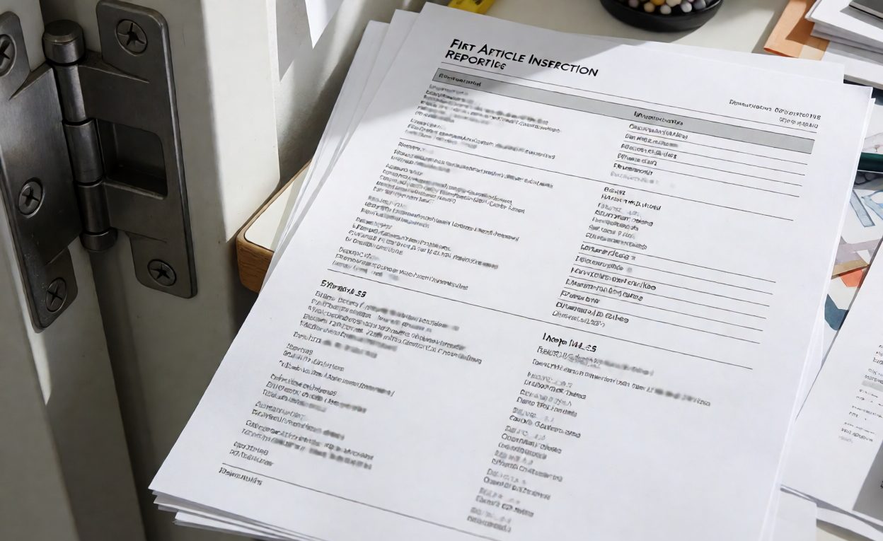 First Article Inspection Report First article inspection report with measurements beside a hinge