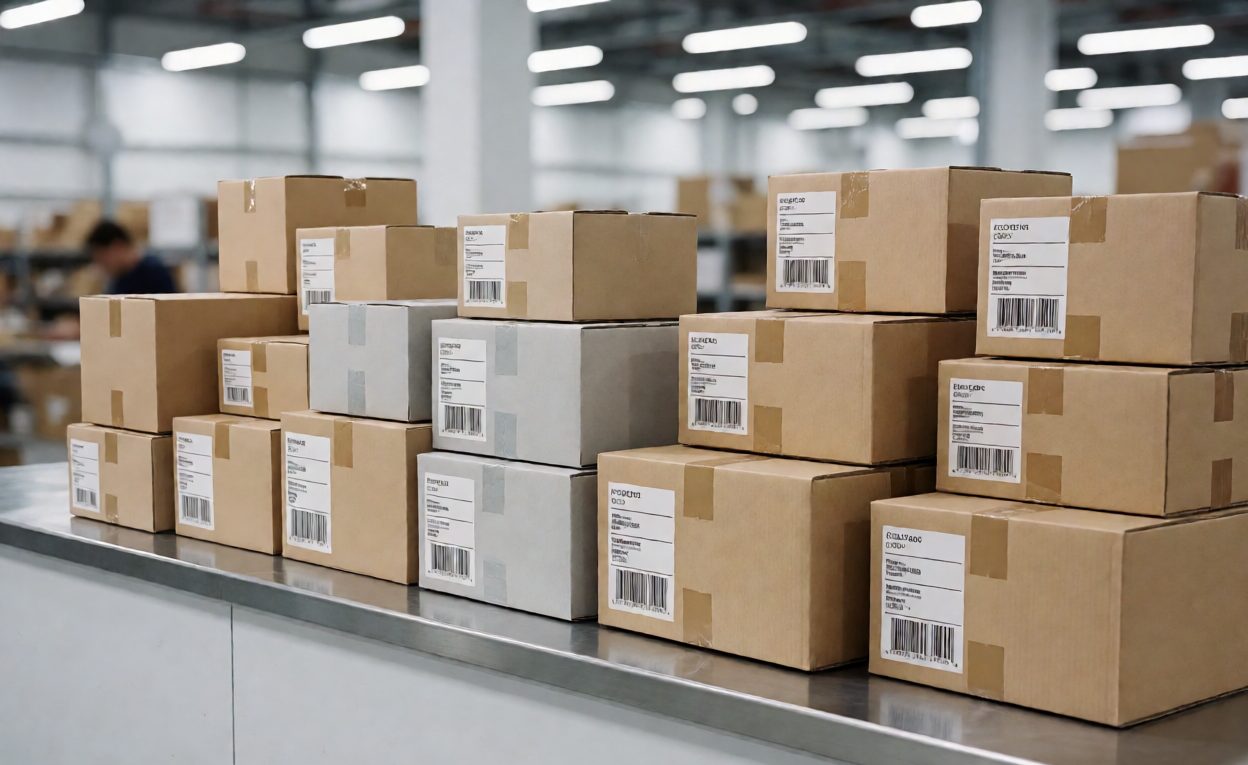 Sample Parcels Ready For Courier Dispatch Courier parcels stacked at a factory dispatch counter ready for shipment