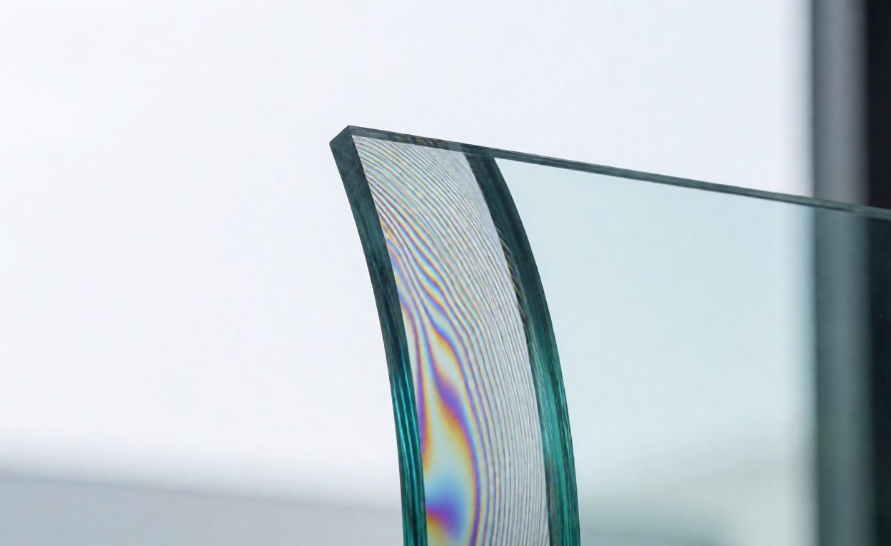 Inspecting Tempered Glass Under Polarised Light Tempered glass edge inspected under polarised light