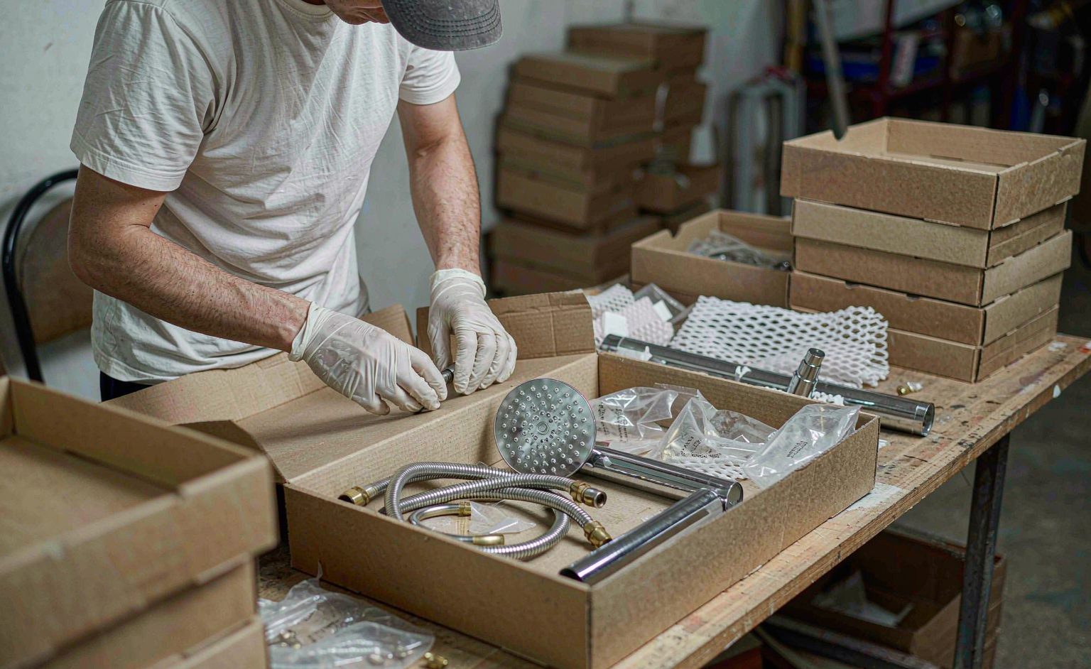 Worker packing shower hardware components into plain kraft boxes
